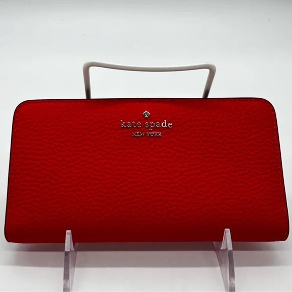 Kate Spade Large Pebbled Leather Slim Bifold Wallet Red - Picture 2 of 7